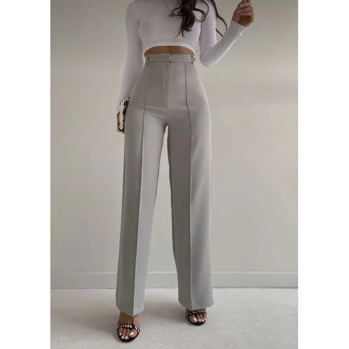 Kadın Gri Önü Dikiş Detaylı Yüksek Bel Palazzo Pantolon