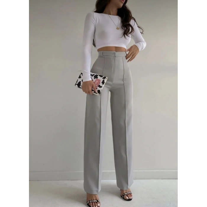 Kadın Gri Önü Dikiş Detaylı Yüksek Bel Palazzo Pantolon