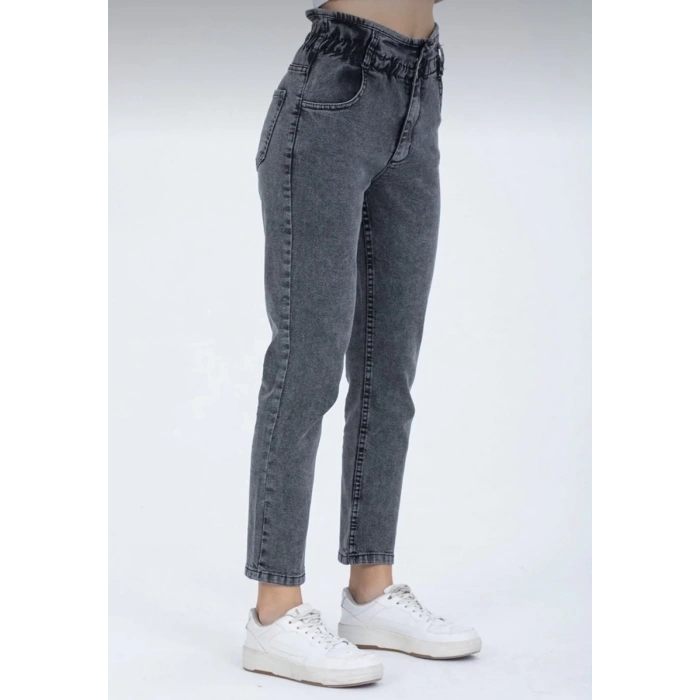 Antrasit Yüksek Bel Beli Lastikli Düğme Detaylı Mom Jean Kot Pantolon