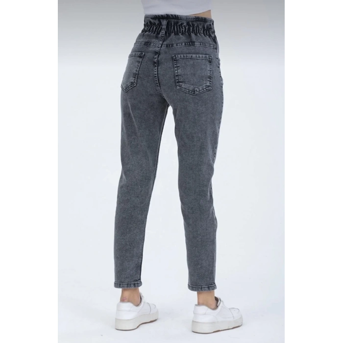 Antrasit Yüksek Bel Beli Lastikli Düğme Detaylı Mom Jean Kot Pantolon