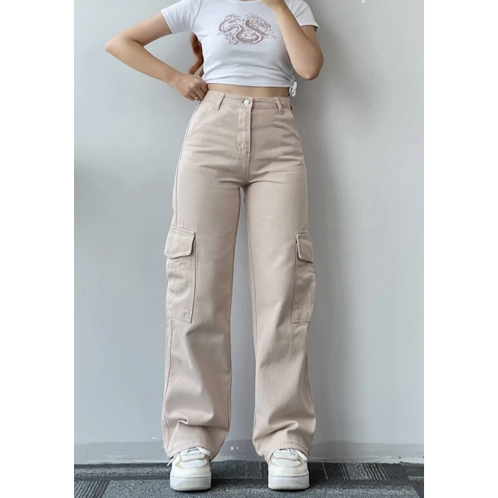 Kadın Bej Yüksek Bel Geniş Paça Kargo Pantolon