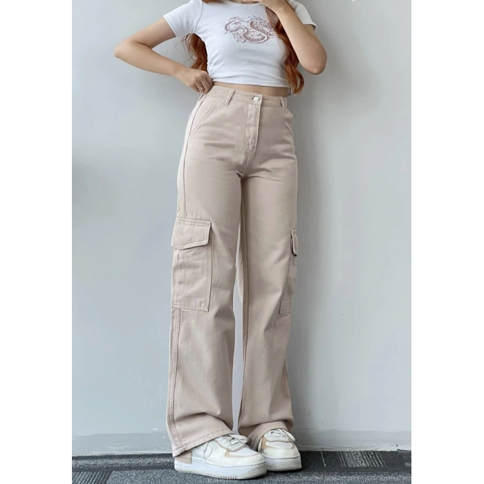 Kadın Bej Yüksek Bel Geniş Paça Kargo Pantolon