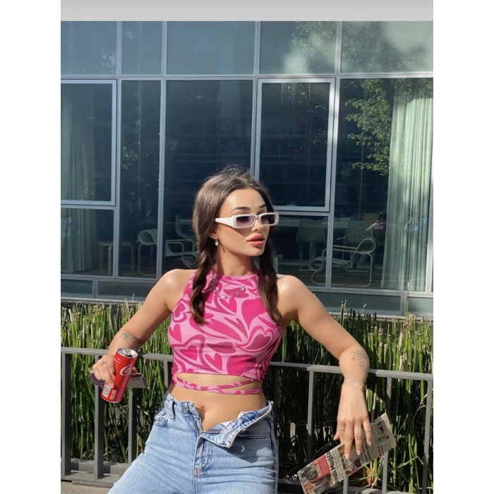 Kadın Bel İp Dolama Detay Sıfır Kol Crop Bluz