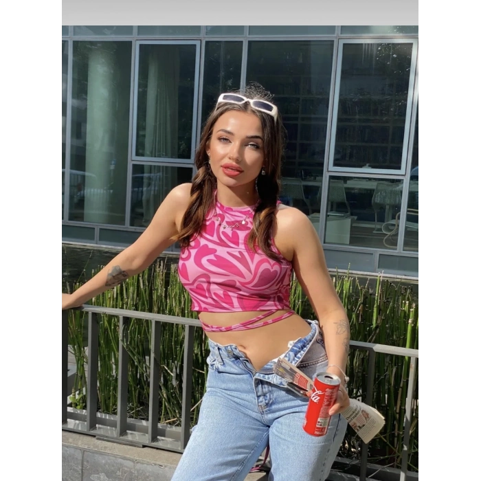 Kadın Bel İp Dolama Detay Sıfır Kol Crop Bluz