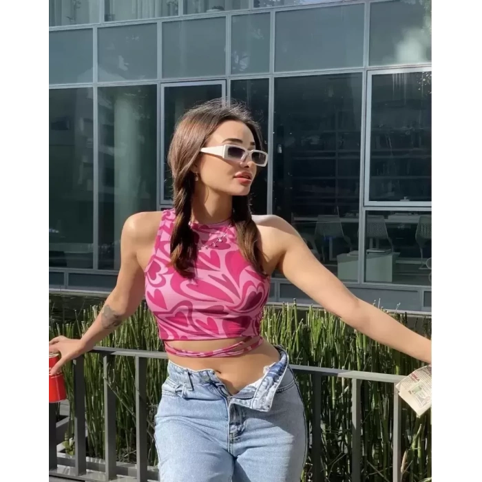 Kadın Bel İp Dolama Detay Sıfır Kol Crop Bluz