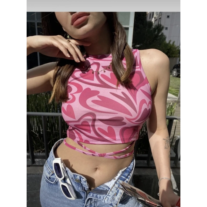 Kadın Bel İp Dolama Detay Sıfır Kol Crop Bluz
