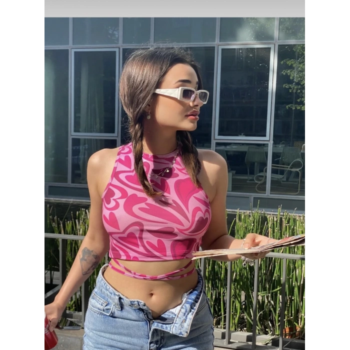 Kadın Bel İp Dolama Detay Sıfır Kol Crop Bluz