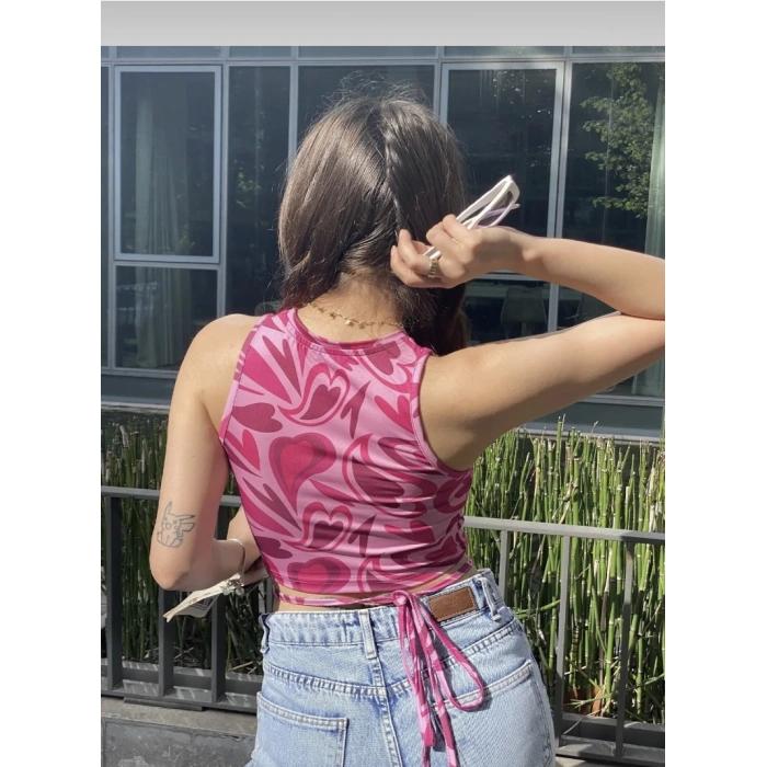 Kadın Bel İp Dolama Detay Sıfır Kol Crop Bluz