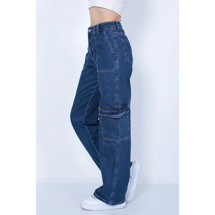 Kadın Koyu Mavi Kargo Cepli Pantolon Jeans