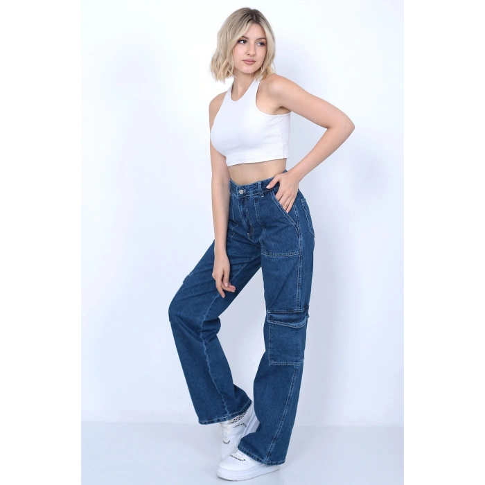 Kadın Koyu Mavi Kargo Cepli Pantolon Jeans