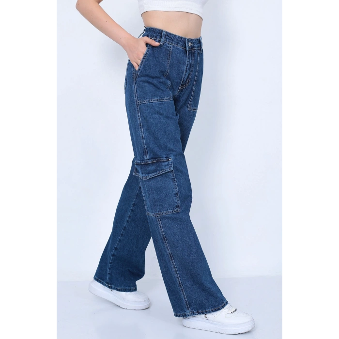 Kadın Koyu Mavi Kargo Cepli Pantolon Jeans
