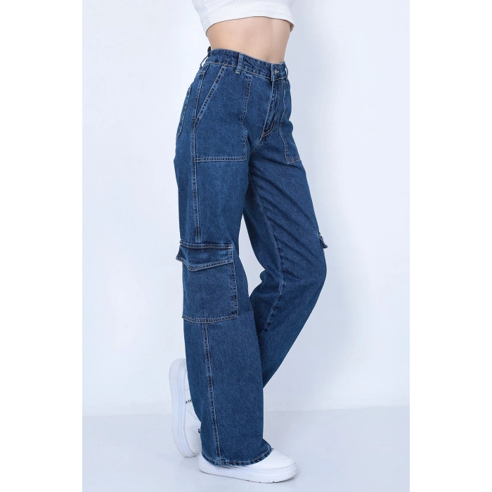 Kadın Koyu Mavi Kargo Cepli Pantolon Jeans