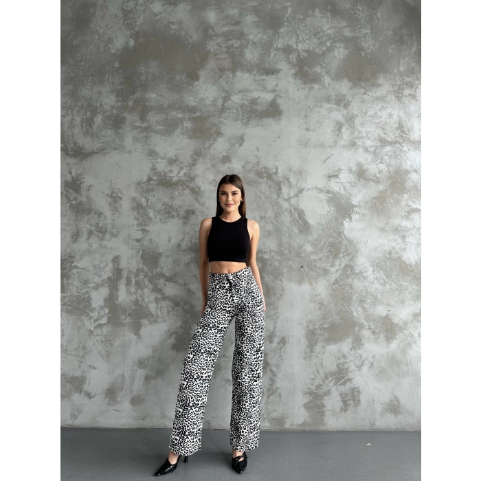 Kadın Leopar Desenli Bol Paça Pantolon