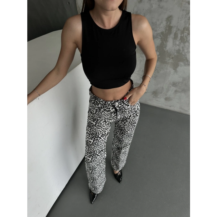 Kadın Leopar Desenli Bol Paça Pantolon