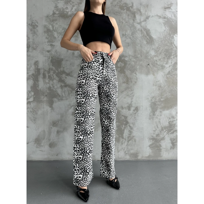 Kadın Leopar Desenli Bol Paça Pantolon