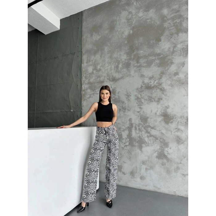 Kadın Leopar Desenli Bol Paça Pantolon