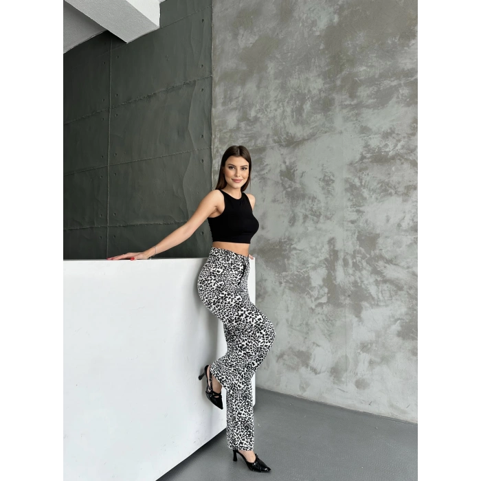 Kadın Leopar Desenli Bol Paça Pantolon