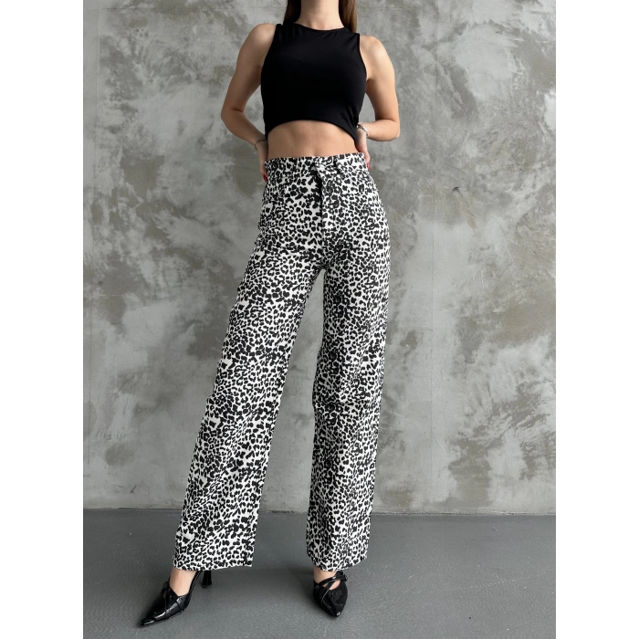 Kadın Leopar Desenli Bol Paça Pantolon