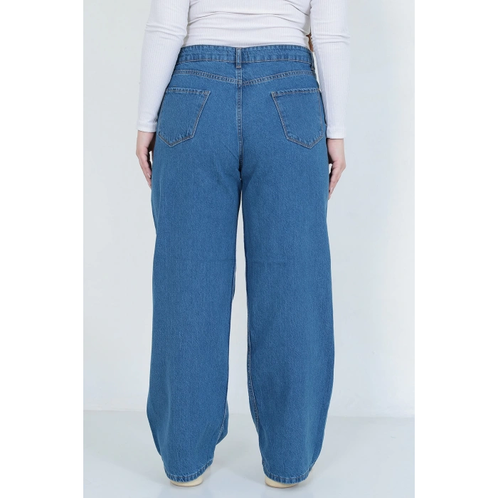 Kadın Mavi Büyük Beden Battal Bol Paça Palazzo Jeans