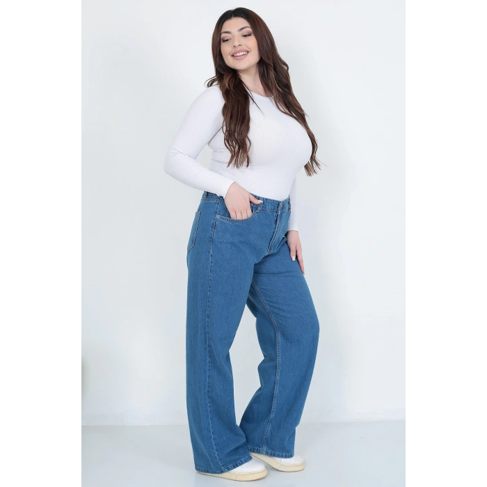 Kadın Mavi Büyük Beden Battal Bol Paça Palazzo Jeans
