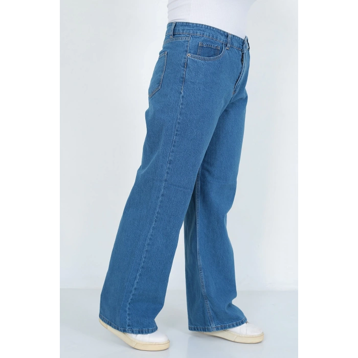 Kadın Mavi Büyük Beden Battal Bol Paça Palazzo Jeans