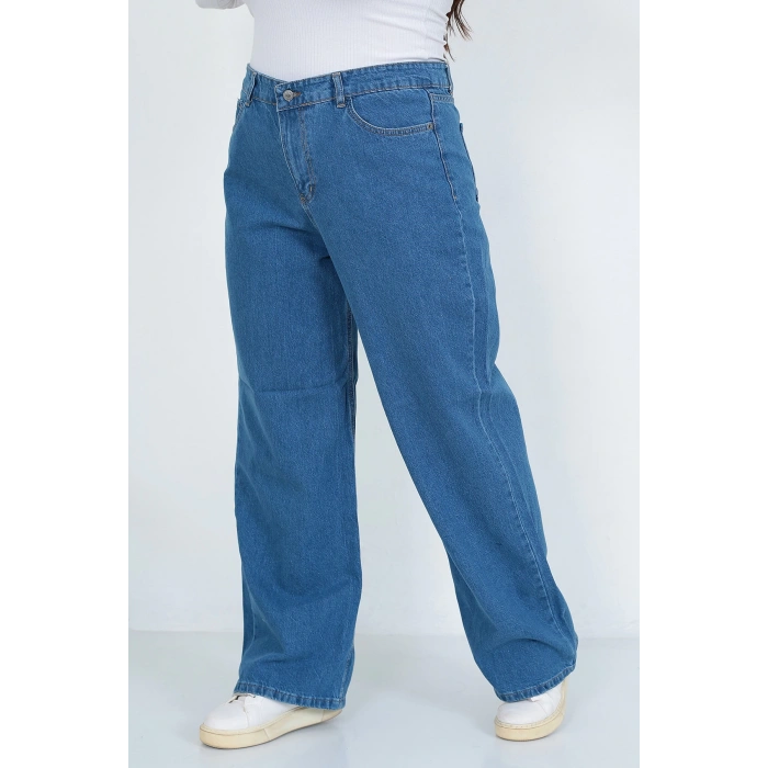 Kadın Mavi Büyük Beden Battal Bol Paça Palazzo Jeans