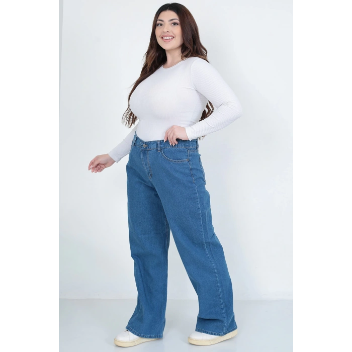 Kadın Mavi Büyük Beden Battal Bol Paça Palazzo Jeans