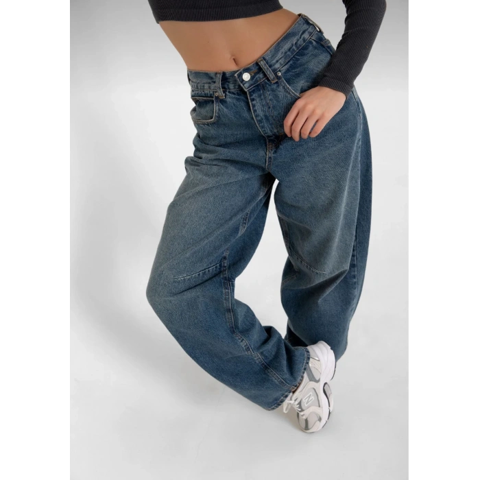 Kadın Mavi Toka Detaylı Geniş Paça Baggy Jean Kot Salaş Pantolon