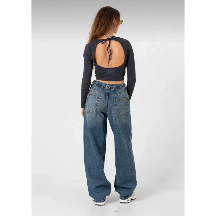 Kadın Mavi Toka Detaylı Geniş Paça Baggy Jean Kot Salaş Pantolon