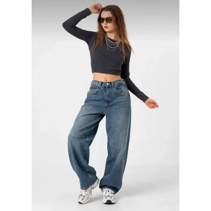 Kadın Mavi Toka Detaylı Geniş Paça Baggy Jean Kot Salaş Pantolon