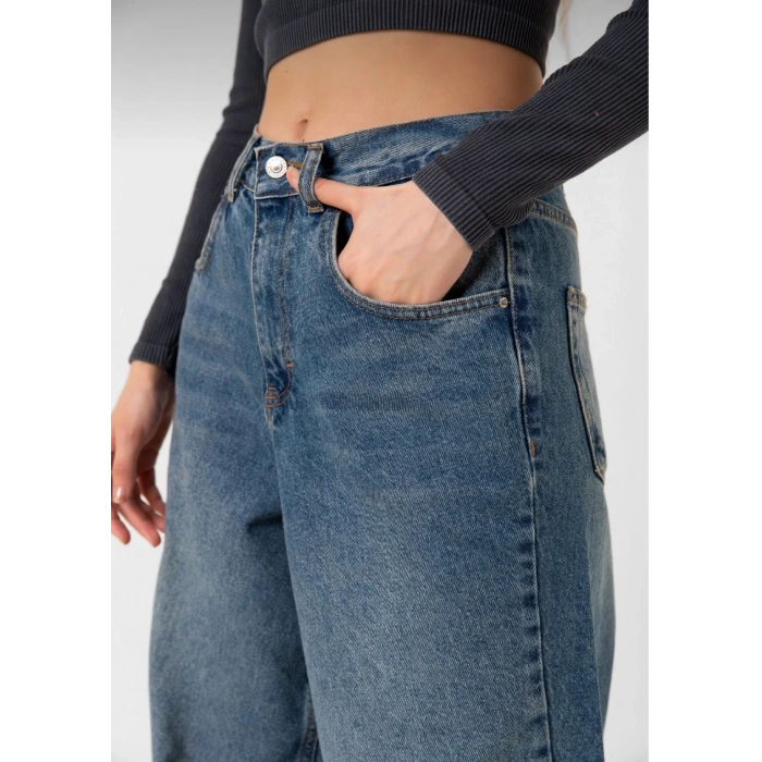 Kadın Mavi Toka Detaylı Geniş Paça Baggy Jean Kot Salaş Pantolon