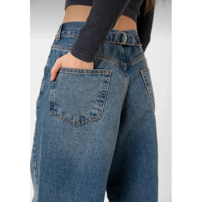 Kadın Mavi Toka Detaylı Geniş Paça Baggy Jean Kot Salaş Pantolon