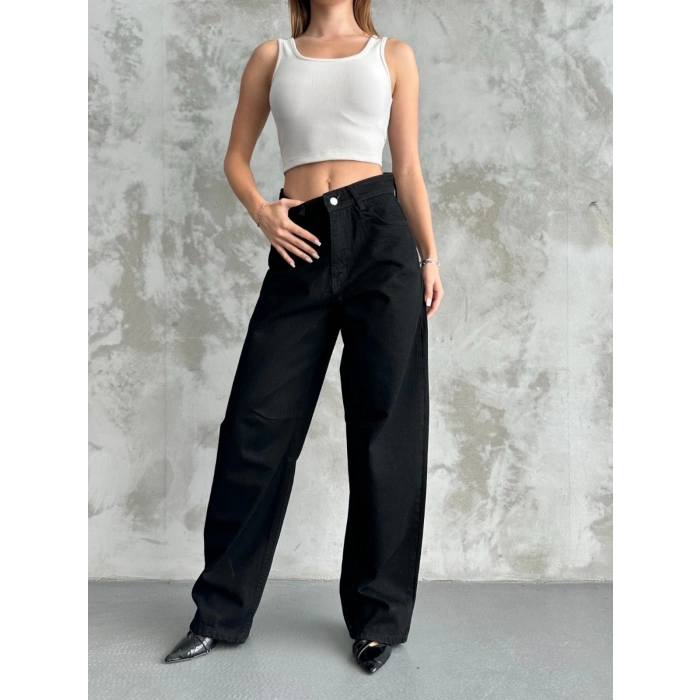 Kadın Simsiyah Baggy Toka Detaylı Baggy Pantolon