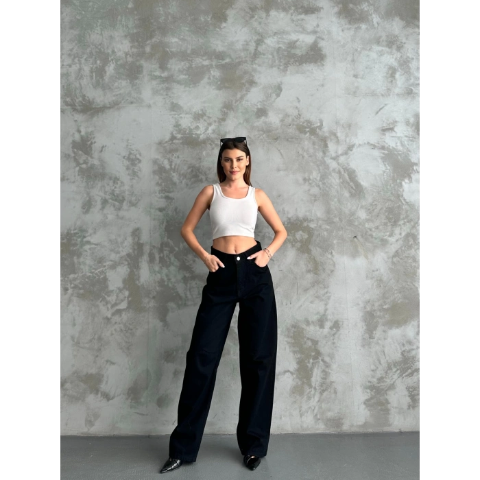 Kadın Simsiyah Baggy Toka Detaylı Baggy Pantolon
