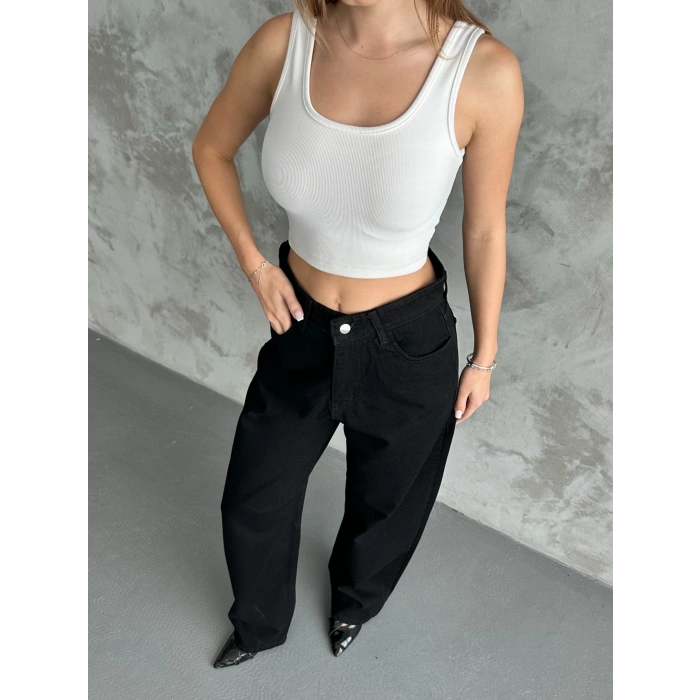 Kadın Simsiyah Baggy Toka Detaylı Baggy Pantolon