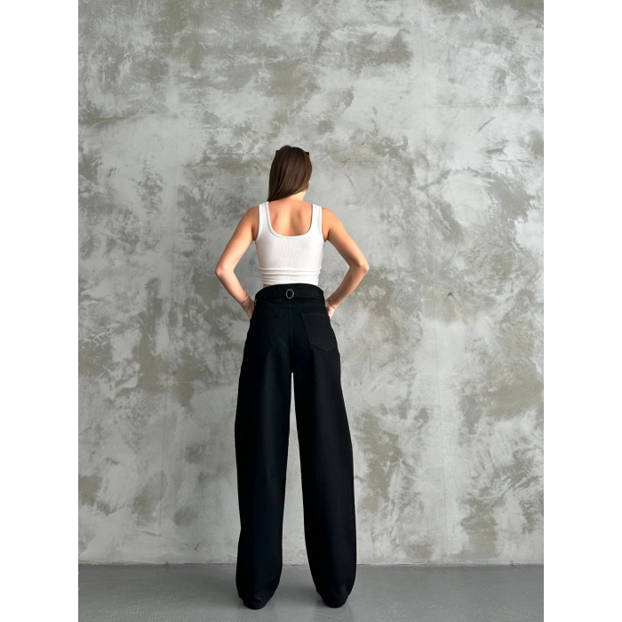Kadın Simsiyah Baggy Toka Detaylı Baggy Pantolon