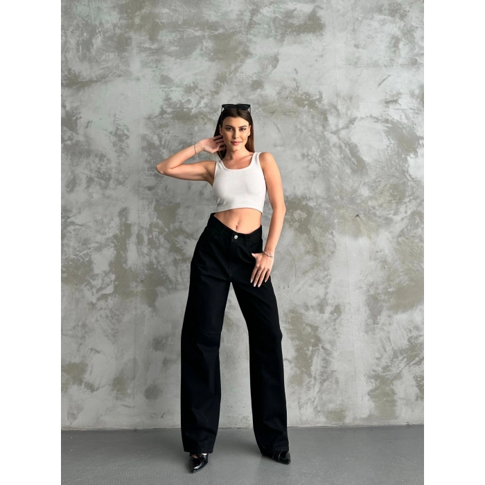 Kadın Simsiyah Baggy Toka Detaylı Baggy Pantolon