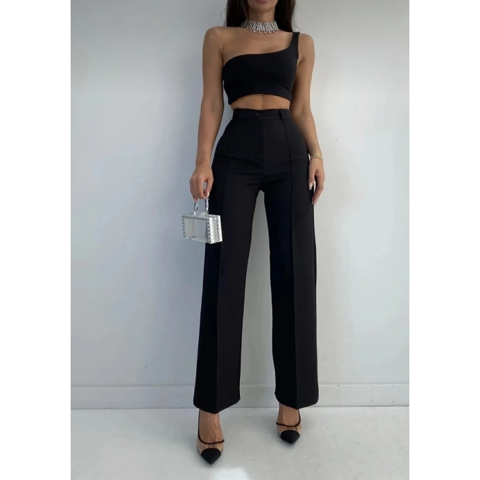 Kadın Siyah Nervür Dikişli Kumaş Palazzo