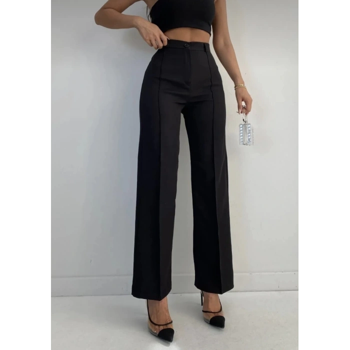Kadın Siyah Nervür Dikişli Kumaş Palazzo