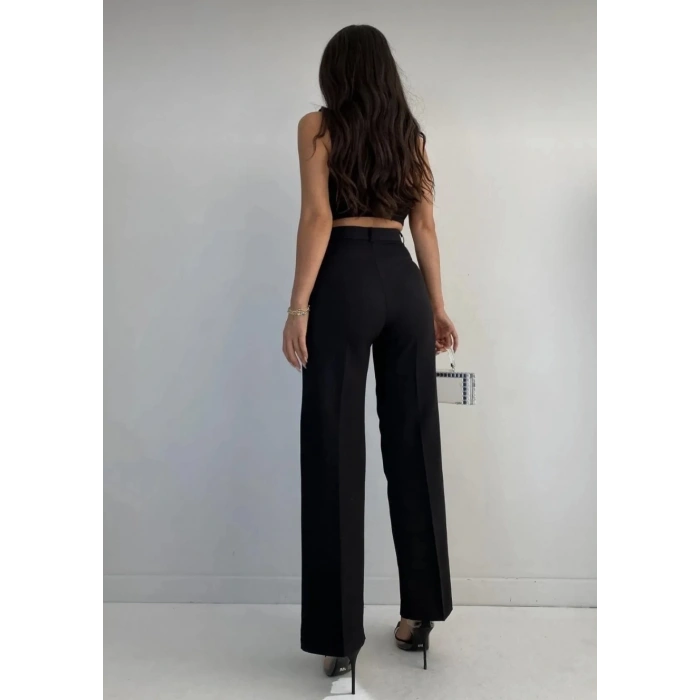 Kadın Siyah Nervür Dikişli Kumaş Palazzo