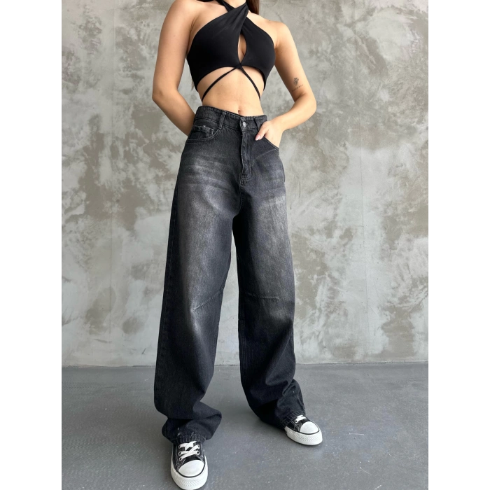Kadın Siyah Toka Detaylı Baggy Jean