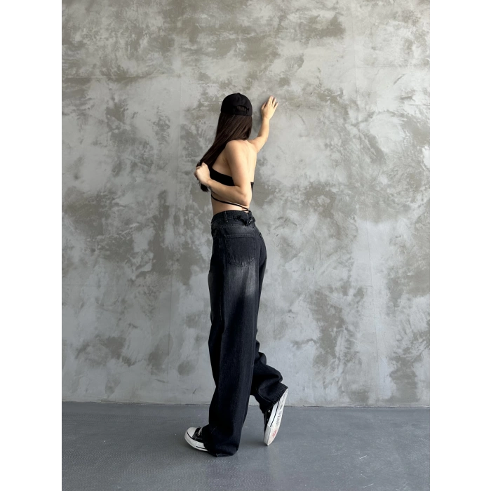 Kadın Siyah Toka Detaylı Baggy Jean
