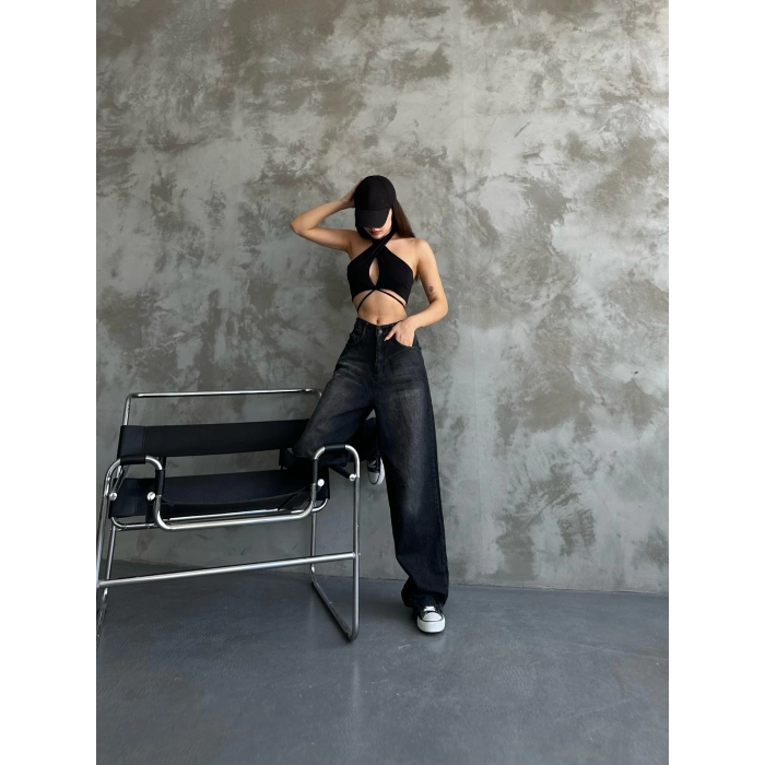 Kadın Siyah Toka Detaylı Baggy Jean