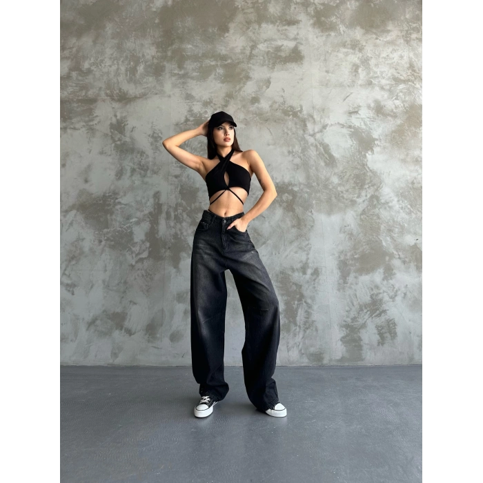 Kadın Siyah Toka Detaylı Baggy Jean