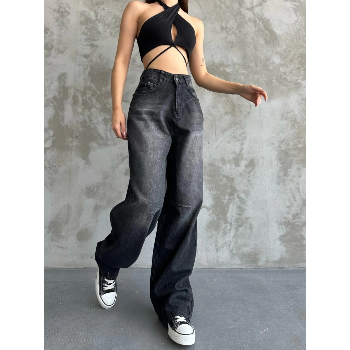Kadın Siyah Toka Detaylı Baggy Jean