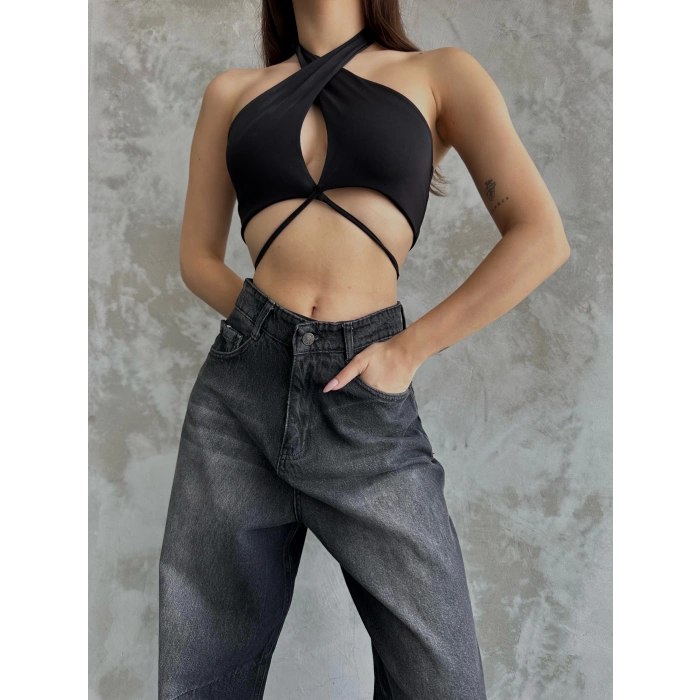 Kadın Siyah Toka Detaylı Baggy Jean