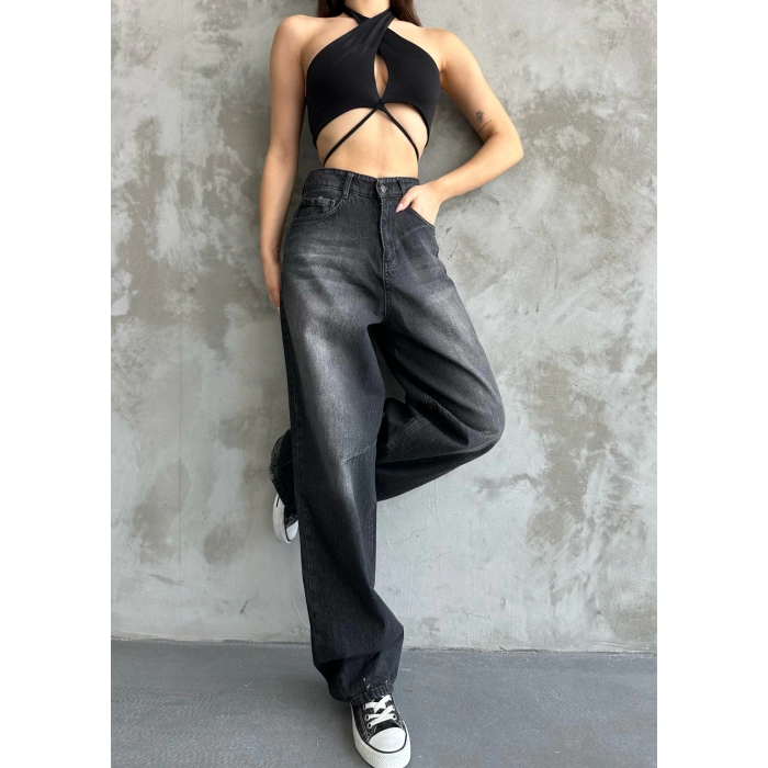 Kadın Siyah Toka Detaylı Baggy Jean