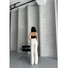 Kadın Beyaz Yüksek Bel Keten Görünümlü Pantolon