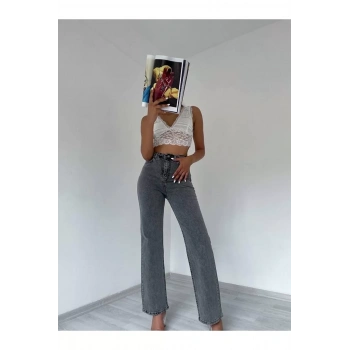 Kadın Gri Yüksek Bel Bol Paça Jeans