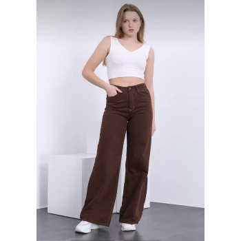 Kadın Kahverengi Bol Paça Jeans